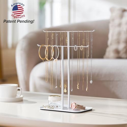 pickpiff Necklace Holder Jewelry Organizer Stand – 2‑Tier T‑Bar Jewelry Display Tree with Tray for Countertop Necklace Bracelet Earring Storage, Vanity Dresser Bathroom Sink, White - color: White