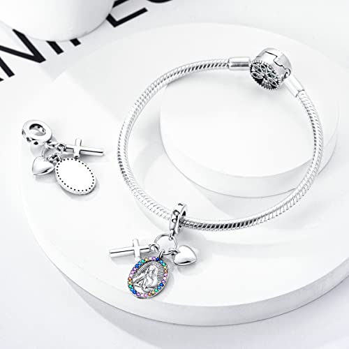 Hapour 925 Sterling Silver Charm for Bracelet Necklace Women Pendant Beads | Virgin Mary Charm, Religious Cross Heart Dragon European Jewelry Mom Charm - color: The Virgin Mary and Cross