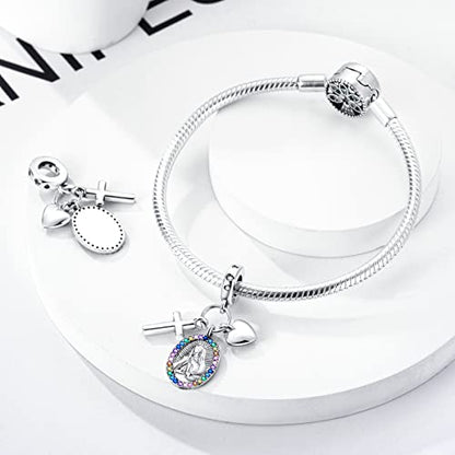 Hapour 925 Sterling Silver Charm for Bracelet Necklace Women Pendant Beads | Virgin Mary Charm, Religious Cross Heart Dragon European Jewelry Mom Charm - color: The Virgin Mary and Cross