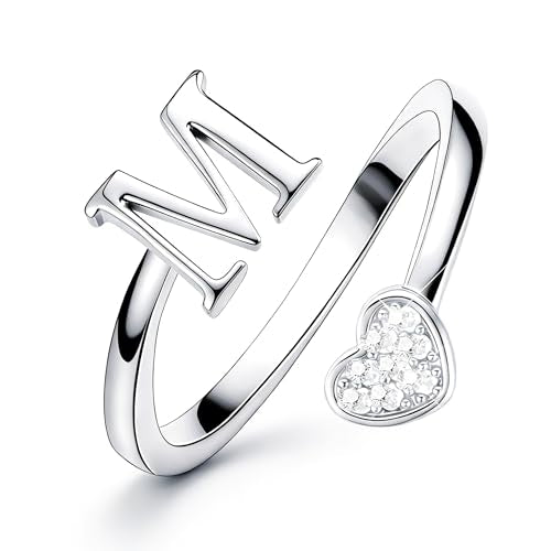 Lunvky Birthday Gifts Silver Initial Rings for Women Teen Girl Kids Trendy Stuff Dainty 14K Gold Plated Adjustable Heart Letter Thumb Rings Pinky Cute Jewelry Personalized Gift - color: Silver, size: Initial-M