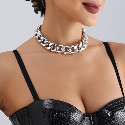 Wiwpar Punk Silver Cuban Link Chain Choker Necklace Chunky Cuban Link Chain Hip Hop Chain Jewelry Curb Cuban Wide Link Chain for Women