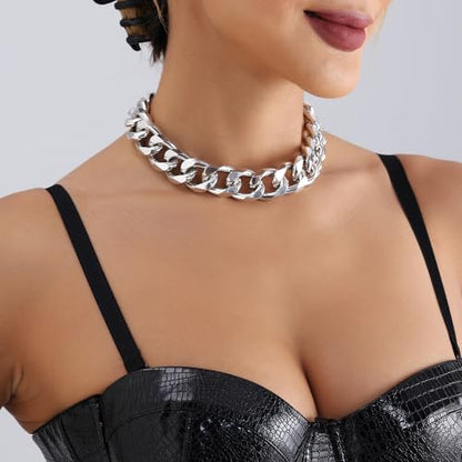 Wiwpar Punk Silver Cuban Link Chain Choker Necklace Chunky Cuban Link Chain Hip Hop Chain Jewelry Curb Cuban Wide Link Chain for Women