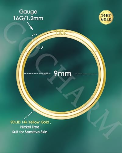 14K Solid Gold Nose Rings, Yellow Gold, 18g/16g/20g | For Women Man, Real Gold, 14Kt, Tiny Seamless Hoop, Nose Piercing, Cartilage Earring, Hypoallergenic - color: HoopA, size: 16g- 9mm