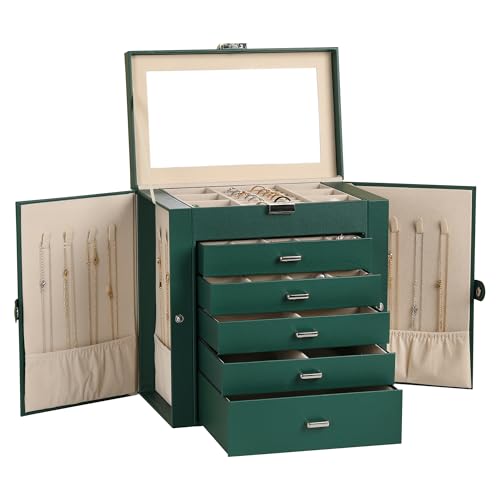 Frebeauty 6-Layer Jewelry Box for Women,Large Jewelry Organizer with Drawer | Faux Leather,Built-in Mirror,Spacious Jewelry Storage,16 Necklace Hooks,Organizing by Category for Rings Earrings Bracelet - color: Blackish Green, size: Large