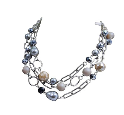 Multi Strand layered Frosted Multi Layer Mother of Pearl Statement Chunky Pastel Pearl Necklace June Birthday Gift - style: Stainless Steel