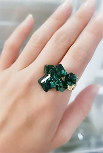 Hebelee Boho Square Crystal Statement Ring for Women Adjustable | Gold-Toned Expandable Promise Engagement Geometric Rings Comfort Fit Elegant Art Deco Christmas Cocktail Y2K Jewelry - color: Green