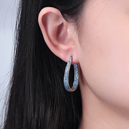 925 Sterling Silver Post Hoop Earrings for Women Gilrs Multcolors Cubic Zircon Hoops 14K Gold Plated Oval Chunky Hoop Earrings Jewelry Gift for Mothers Day/July 4th/Wedding/Party/Christmas - color: Light Blue