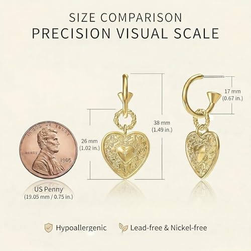 14K Gold Plated Heart Earrings for Women, Hypoallergenic Half Hoop Drop Earrings, Gift for Wife Mom Her by Febsky