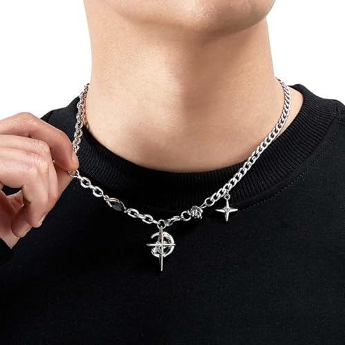 Gothic Cross Star Necklace For Men Women Silver Stainless Steel Cuban Link Paperclip Figaro Bead Chain Punk Kpop Y2k Goth Irregular Layered Cross Pendant Necklace Non Tarnish Jewelry Gift - color: Silver D