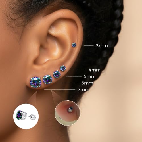 5 Pairs Screw Back Stud Earrings Set, Cubic Zirconia Stud Earring for Women Men Hypoallergenic 316L Surgical Stainless Steel Round Cut CZ 3-7mm - color: White-Rainbow