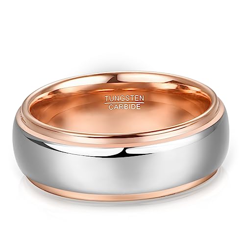 NUNCAD Men Women Tungsten Wedding Engagement Band | 4/6/8mm Two-tone Gold Silver, Domed Polished Step Edges, sizes 5-12 Wedding Band - color: 8mm-Rose Gold & Silver
