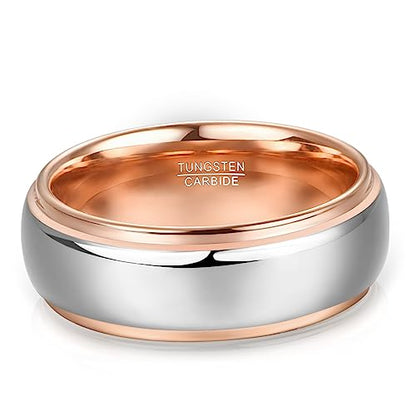 NUNCAD Men Women Tungsten Wedding Engagement Band | 4/6/8mm Two-tone Gold Silver, Domed Polished Step Edges, sizes 5-12 Wedding Band - color: 8mm-Rose Gold & Silver