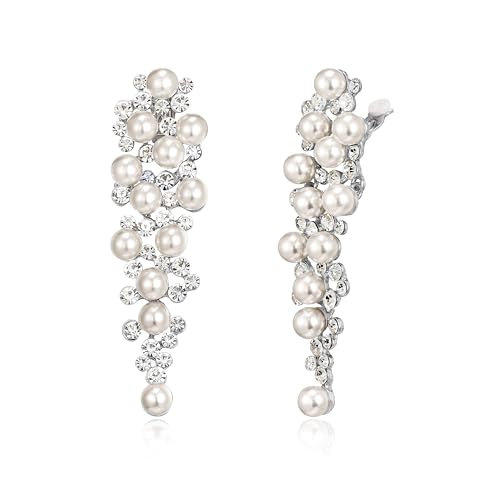 EleQueen Wedding Clip on Sparkle Simulated Pearl Rhinestone Crystal Chandelier Dangle Earrings for Bride Bridesmaid - color: Ivory Silver-Tone