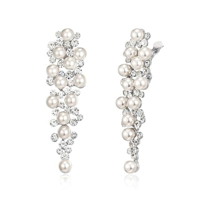 EleQueen Wedding Clip on Sparkle Simulated Pearl Rhinestone Crystal Chandelier Dangle Earrings for Bride Bridesmaid - color: Ivory Silver-Tone