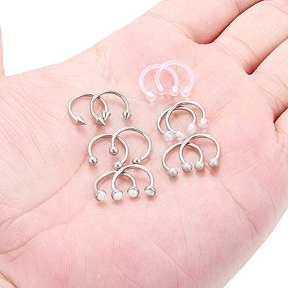 SCERRING 6 Pairs 16G Stainless Steel Horseshoe Septum Ring Nose Rings Hoop Helix Daith Cartilage Tragus Earrings Lip Body Piercing Jewelry Opal 8mm 10mm - color: 10mm - Silver