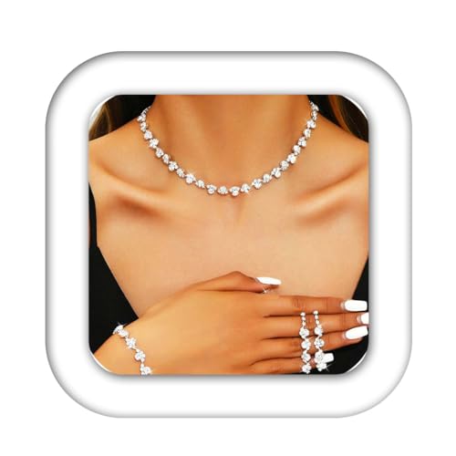Aukmla Bridal Wedding Jewelry Set Silver Rhinestones Choker Necklaces Earrings Bracelet Sets Prom Jewelry for Women and Brides - color: Silver