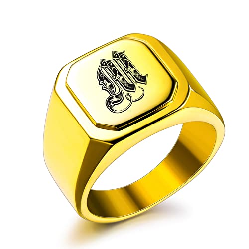 Initial Ring Letter Signet Ring for Men Women Personalized Name Engraved Stainless Steel Fashion Jewelry Wedding Couples Father Day Gift with Ring Size Adjusters - color: C1: Gold (Initial Royal)