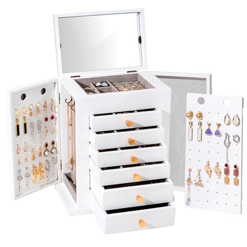 ProCase Large Jewelry Box, 7-Layer Wooden Jewelry Boxes for Women, Jewellery Holder Organizer Storage Case with Mirror for Earrings Bracelet Necklace for Dresser -White - color: White, size: 7-Layer