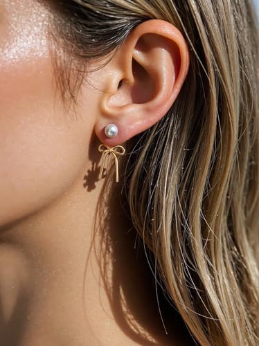 Gold Bow Earrings for Women, Long Tassel Chain Drop Earrings, Trendy Small Bow Earrings, Ribbon Waterfall Dangling Earrings, Pearl Bow Earrings, Sparkly Elegant Bowknot Preppy Jewelry Gifts for Women - color: Gold Bow-F