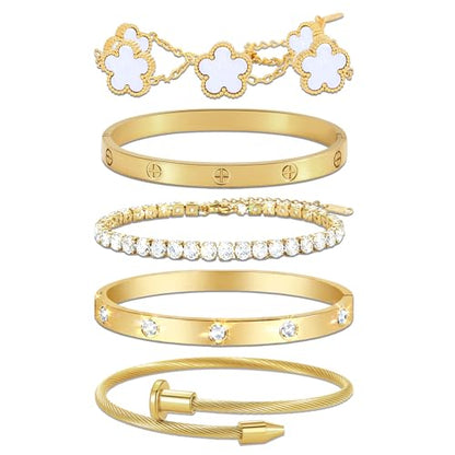 18K Gold Plated Love Bangle Bracelet Stack for Women, Adjustable Clover Bracelet & CZ Tennis Chain Set, Stackable Layered Jewelry, Fade Resistant, Long-Lasting Luster for Daily Wear & Gift - color: 5Pcs Gold White