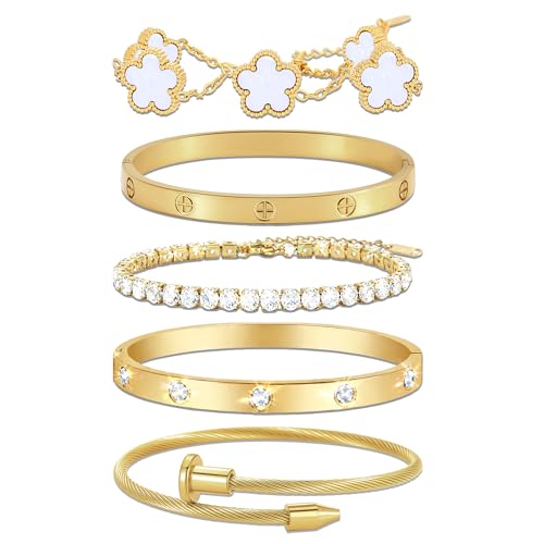 18K Gold Plated Love Bangle Bracelet Stack for Women, Adjustable Clover Bracelet & CZ Tennis Chain Set, Stackable Layered Jewelry, Fade Resistant, Long-Lasting Luster for Daily Wear & Gift - color: 5Pcs Gold White