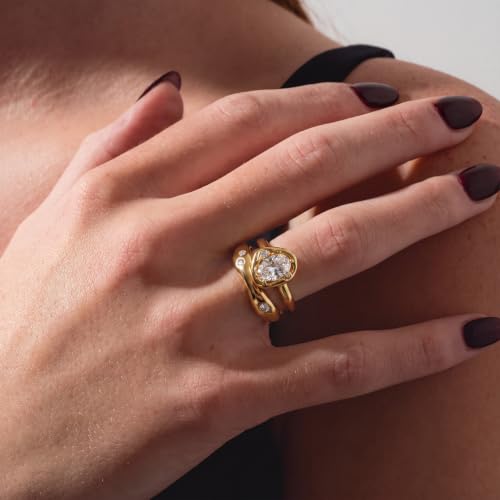18K Gold & Silver Plated Stackable Ring Set for Women, CZ Curved Wave Stacking Bands, Statement Promise Rings for Wedding Engagement, Trendy Dainty Jewelry Gift - color: Gold 3