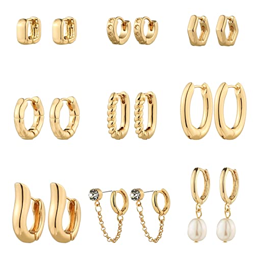 9 Pairs Gold Chunky Hoop Earrings Set for Women, 14K Gold Plated Twisted Huggie Hoop Earring Hypoallergenic, Lightweight Thick Open Hoops Earrings Jewelry Gifts. - color: C-9 Gold Hoop Earrings