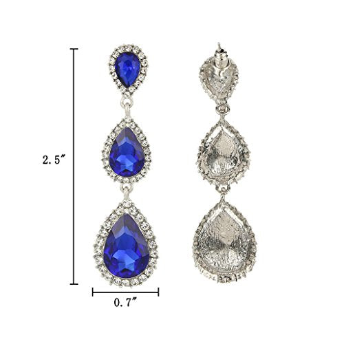 EleQueen Women's Crystal Teardrop Pear Shape 2.5 Inch Long Earrings | Dangle Earrings for Women, TearDrop Crystals Earrings for Bride Bridesmaid, Prom Jewelry for Wedding - color: 08-Sapphire
