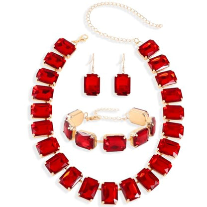 KOSMOS-LI Rectangle Faux Crystal Jewelry Sets Includ Necklace Bracelet Earrings For Women Stocking Stuffers - color: red