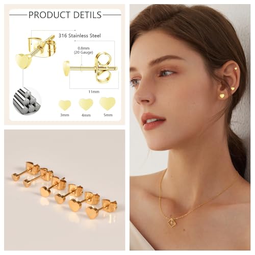 Screw on Earring Backs for Women,Hypoallergenic Surgical Steel Stud Earrings Ball Star Circle Simple Geometric Cartilage Helix Flat Back Piercing Earrings - color: 3Pairs,Gold,Heart(3-5mm)