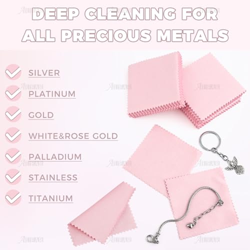 AUEAR, 100 Pack Jewelry Cleaning Cloths, Polishing Cleaner Cloth for Sterling Silver Gold Platinum Small Diamond Polish Cloth Pink & Blue 8x8cm