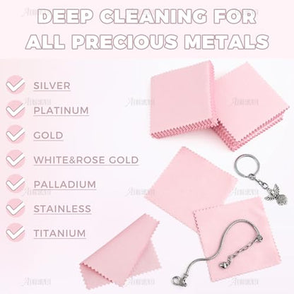 AUEAR, 100 Pack Jewelry Cleaning Cloths, Polishing Cleaner Cloth for Sterling Silver Gold Platinum Small Diamond Polish Cloth Pink & Blue 8x8cm