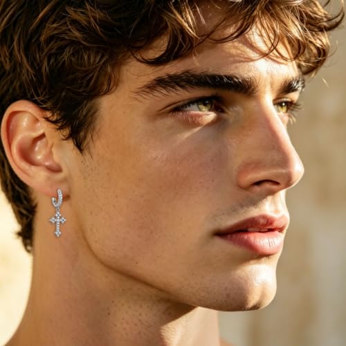 NEWITIN CZ Cross Earrings for Men Women 14K Gold Plated Huggie Hoop Earring | Hypoallergenic, 5A+ Cubic Zirconia, Cartilage Earring, Sensitive Ears, Silver Gold, Men Hoops Dangling, Cross Diamond Earring - color: Silver A