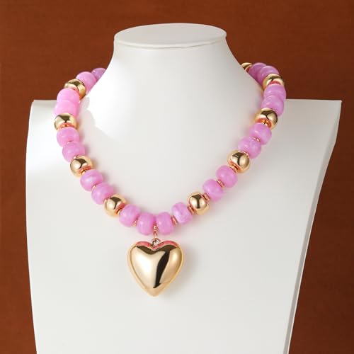 Resin Chunky Colorful Beaded Necklace | Adjustable Boho Statement Necklace,Summer Beach Party Jewelry - color: Heart-Pinkish-purple