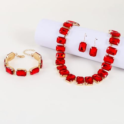 KOSMOS-LI Rectangle Faux Crystal Jewelry Sets Includ Necklace Bracelet Earrings For Women Stocking Stuffers - color: red