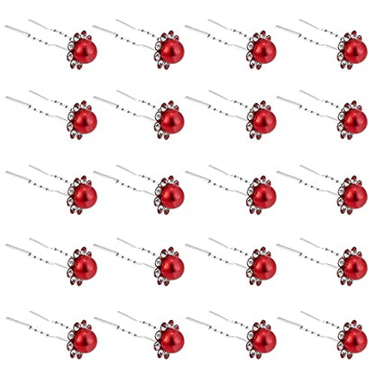 QIUTIMIY 20 Pack (Red) Pearl Crystal Hair Pins Flower Rhinestone Hair Clips for Bridal Wedding Women Hair Jewelry Accessories, with Clear Container - color: Pearl Flower-Red