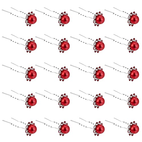 QIUTIMIY 20 Pack (Red) Pearl Crystal Hair Pins Flower Rhinestone Hair Clips for Bridal Wedding Women Hair Jewelry Accessories, with Clear Container - color: Pearl Flower-Red