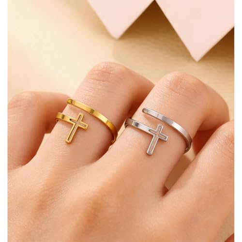Cross Rings For Women, Faith Christian Blessed Hope Love Encouragement Pray Ring Adjustable Open Wrap Thumb Cross Inspirational Ring Dainty 14k gold Jewelry Easter Gift Non Tarnish - color: Silver 1
