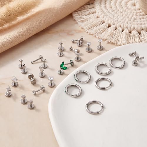 Stainless Steel Stud Earrings Set for Women Hypoallergenic Flat Back Cartilage Earrings Screw Back Huggie Hoop Earrings Multiple Piercing Cubic Zirconia Helix Tragus Jewelry - color: Set-D-Silver
