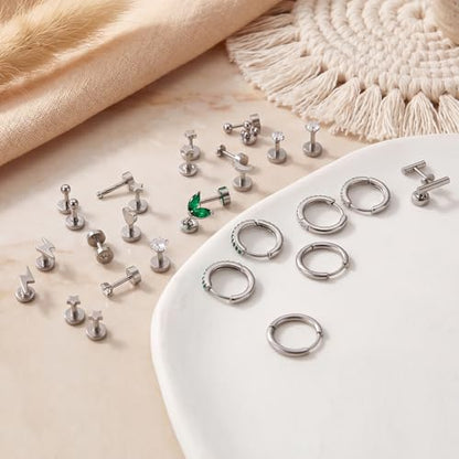 Stainless Steel Stud Earrings Set for Women Hypoallergenic Flat Back Cartilage Earrings Screw Back Huggie Hoop Earrings Multiple Piercing Cubic Zirconia Helix Tragus Jewelry - color: Set-D-Silver