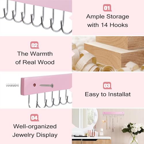 SCUNDA Wall Mounted Necklace Holder, Morden Style Necklace Holder, Tangle Free Wall Jewelry Organizer with 28 Hooks(2 Packs,Pink) - color: Pink