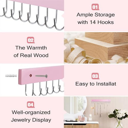 SCUNDA Wall Mounted Necklace Holder, Morden Style Necklace Holder, Tangle Free Wall Jewelry Organizer with 28 Hooks(2 Packs,Pink) - color: Pink