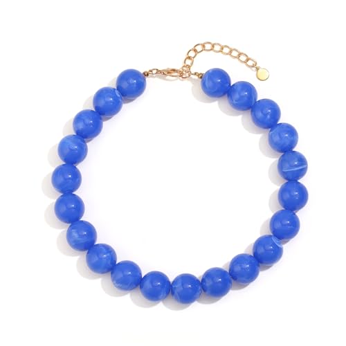 Chunky Necklaces for Women Trendy 20MM Large Resin Beaded Necklace Bold Statement Chunky Choker Necklace Boho Beads Summer Beach Jewelry - color: Blue