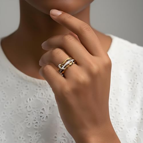 Stackable Rings for Women Non Tarnish Gold Silver Mixed Metal Wedding Band Set Gold Plated Stainless Steel with Cubic Zirconia Dainty Statement Thumb Ring Gift for Christmas Birthday Anniversary Jewelry - style: Radiant Triple Band Ring