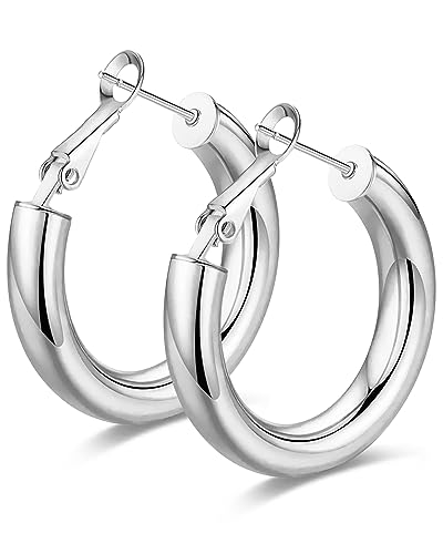 Gold Hoop Earrings for Women Chunky Hoops 14K Gold Plated Thick Hollow Tube Lightweight Earrings for Mother Birthday Gifts 20/25/30/40/50MM - color: Silver-30MM
