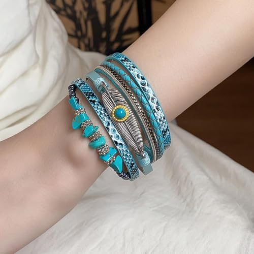 Long tiantian Boho Western Bracelets for Women Leather Wrap Bracelets Turquoise Bracelet Western Jewelry Country Concert Outfits - color: A4:blue