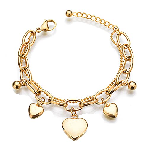 kelistom 316L Stainless Steel Love Heart Charm Bracelet for Women Romantic Gift Silver/Rose/18k Gold Plated OT Clasp Bracelets - color: 3-heart gold