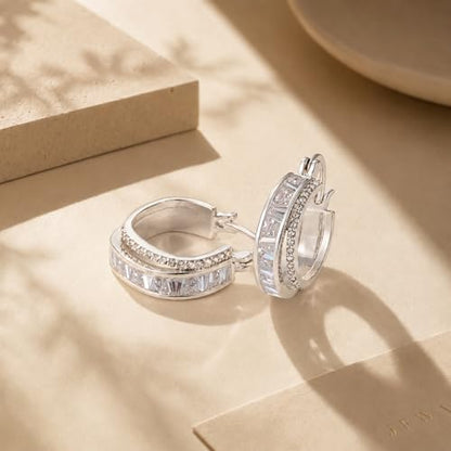 Gold Silver Huggie Hoop Earrings for Women 18K Gold & Sterling Silver Plated Cubic Zirconia Hoop Earrings Double Hoops Earrings Hypoallergenic Non Tarnish Earings Jewelry Gift - color: Silver-A
