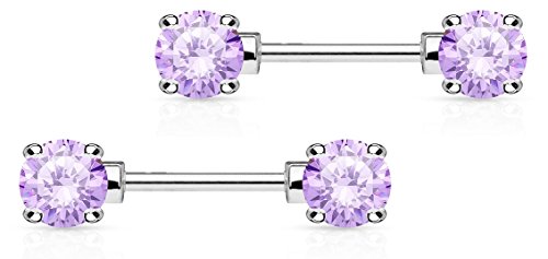 Forbidden Body Jewelry 14g 1/2 Inch (12mm) Surgical Steel & Gold Plated CZ Crystal Front Facing Gemmed Nipple Ring Barbell Set - style: Lavender