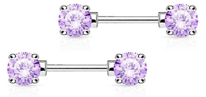 Forbidden Body Jewelry 14g 1/2 Inch (12mm) Surgical Steel & Gold Plated CZ Crystal Front Facing Gemmed Nipple Ring Barbell Set - style: Lavender